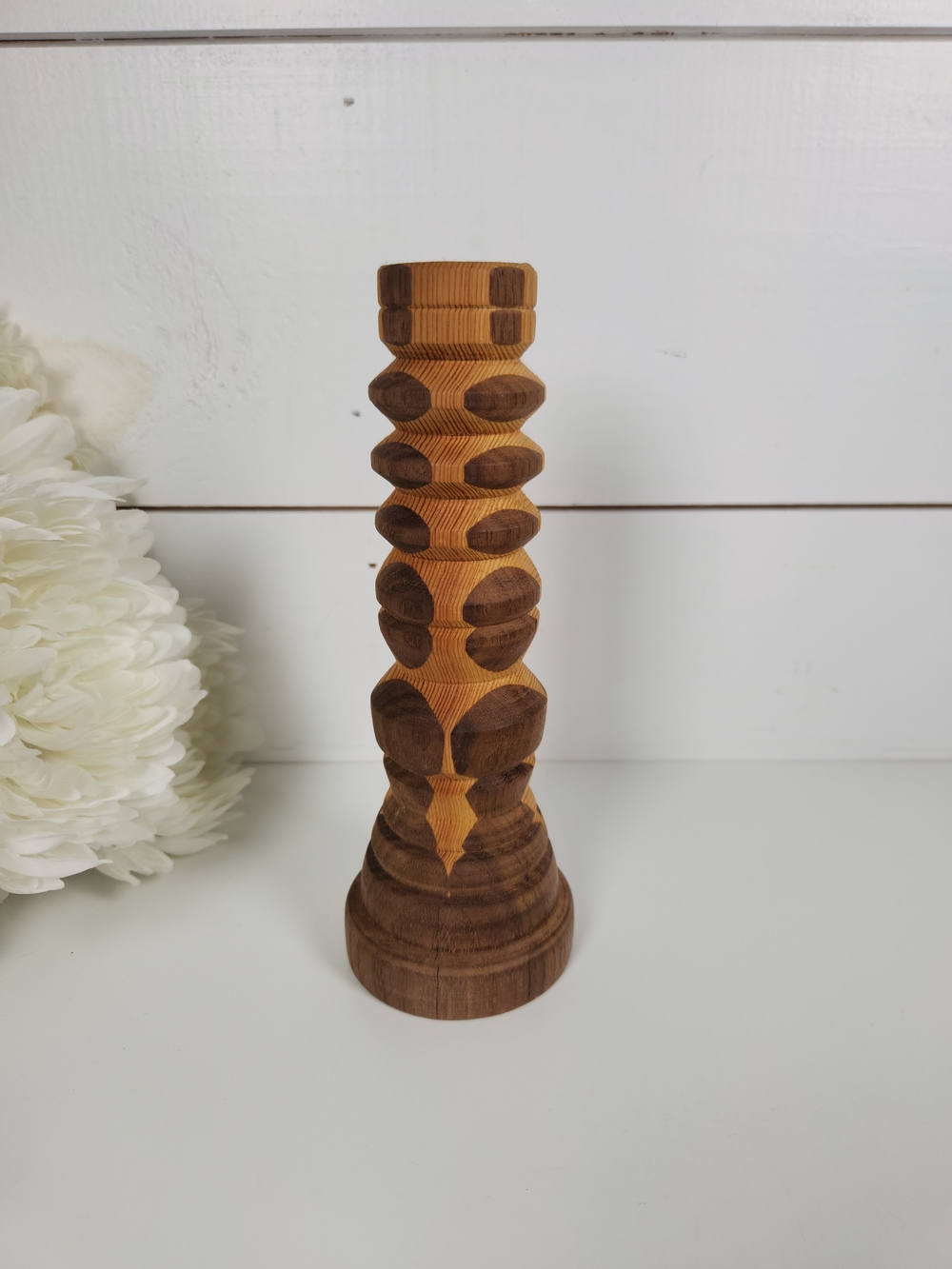 Vintage Hand Turned Two Toned Wood Candle Holder - Mid Century Boho Style